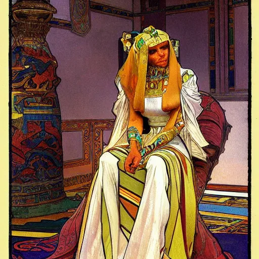 Prompt: an painting of an egyptian queen on her throne, painted by esben lash and alphonse mucha