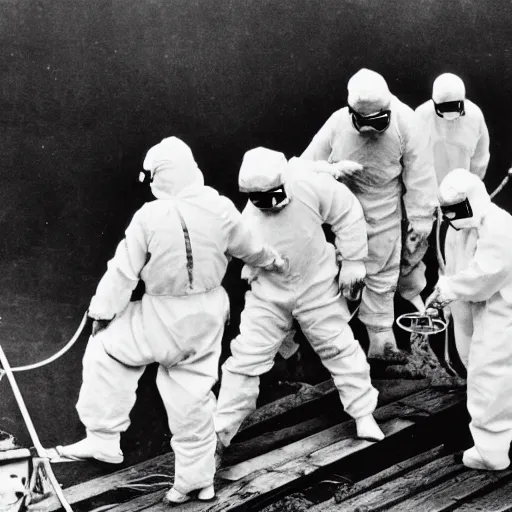 Image similar to old black and white photo, 1 9 1 3, depicting scientists in hazmat suits removing an alien biomechanical insect corpse on a bridge, historical record, volumetric fog