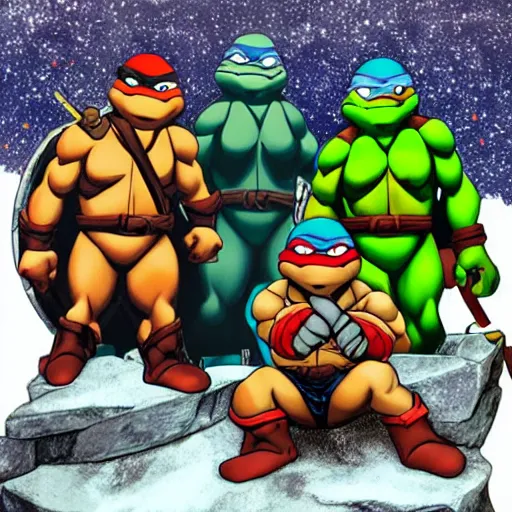 Image similar to teenage mutant ninja turtles on top of a mountain