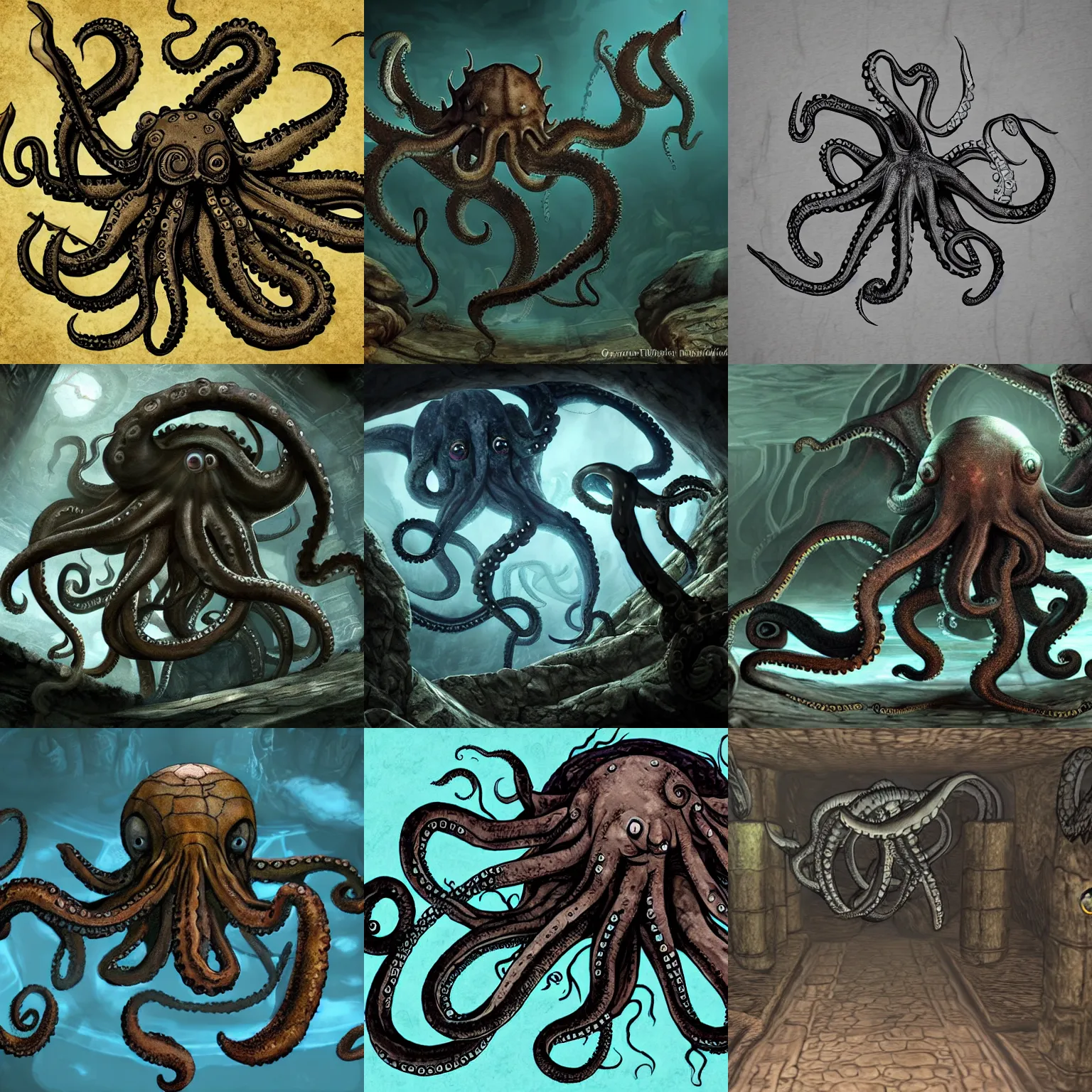 Prompt: kraken octopus monster walking in an ancient underground tomb in the style of skyrim by bethesda game studio