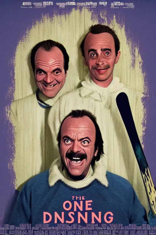 Image similar to a movie poster for the film the shining in the style of the grand budapest hotel featuring one grinning jack nicholson and an axe.