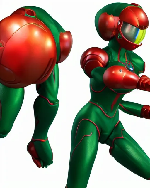 Prompt: full body 3d render of metroid samus aran as a joy toy, studio lighting, white background, blender, trending on artstation, 8k, highly detailed