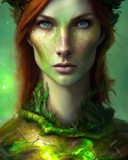 Prompt: female druid, perfect face, thin antlers, green tunic, ginger hair, muscular, abs, cinematic, freckles, stunning, athletic, strong, agile, highly detailed, psychedelic, digital painting, artstation, smooth, hard focus, illustration, art by jessica rossier and and brian froud