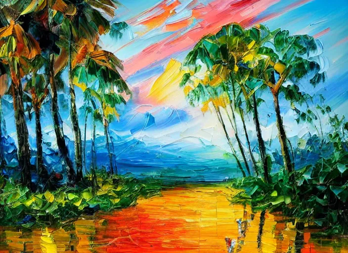 Prompt: palette knife painting of a tropical landscape, by Joshua Davison, by Justyna Kopania, by Joseph Lee