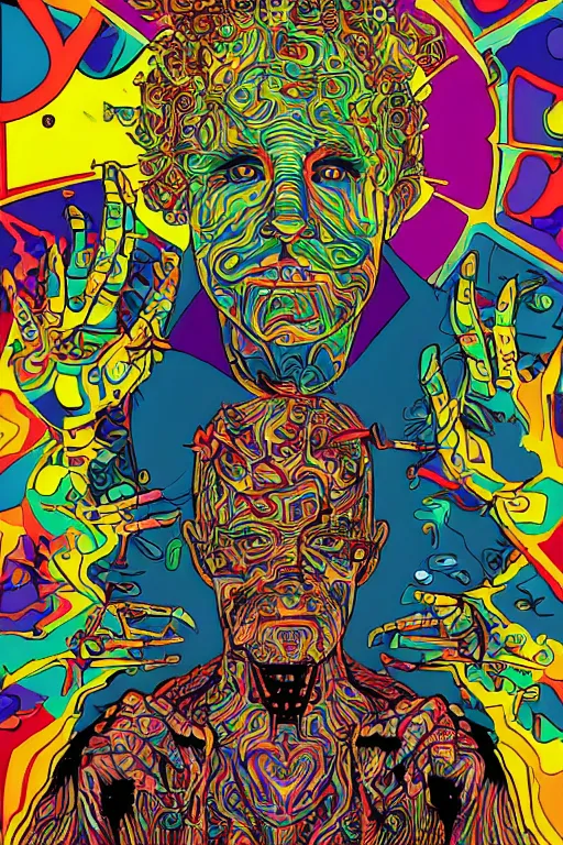 Image similar to a man tries a tab of LSD acid for the first time and hallucinates, by jack kirby, alex grey and dan hillier, colorful flat design, hd, 8k