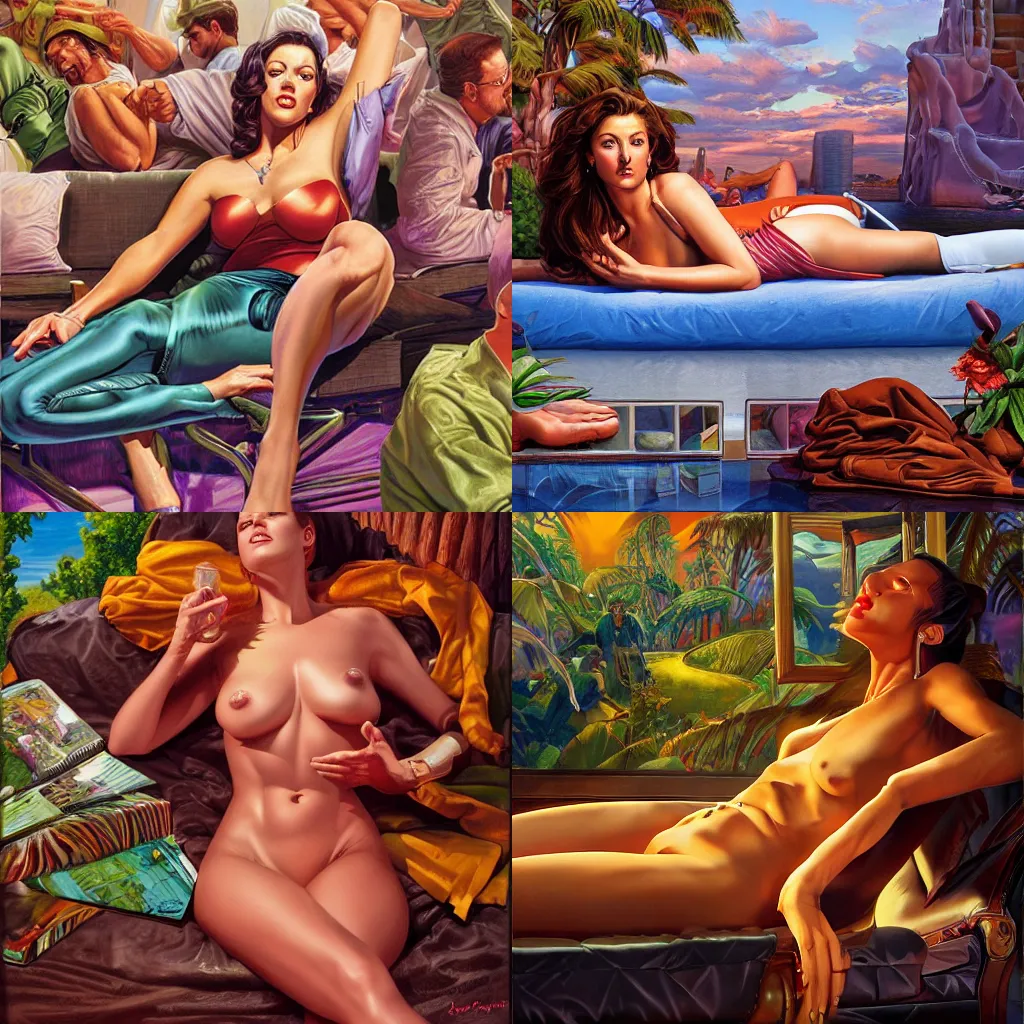 Prompt: Relaxation by Joe Jusko, rendered in hyperdetailed Ultra HD, trending on ArtStation, luminous