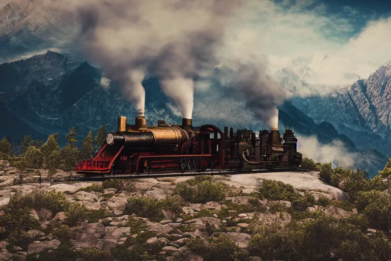 Prompt: steam engine in the mountains with huge steam clouds, snowy mountains in the background , ultra low camera angle, super wide lens, tilted camera, high speed motion, cinematic, ultra resolution, octane render, top trending artstation, 4k, 8k, hyper realistic, digital art, incredible details,