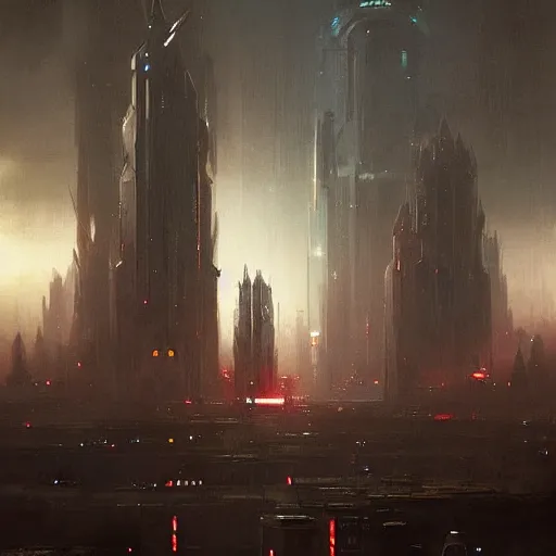 Image similar to star wars concept art by greg rutkowski, a huge metropolis with sharp and elegant buildings, it is night and it feels busy, the buildings are bright, dark and reddish night sky, cinematic lighting, oppressive atmosphere.