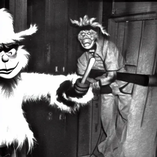 Prompt: CCTV footage of the Grinch beating a man with a baseball bat