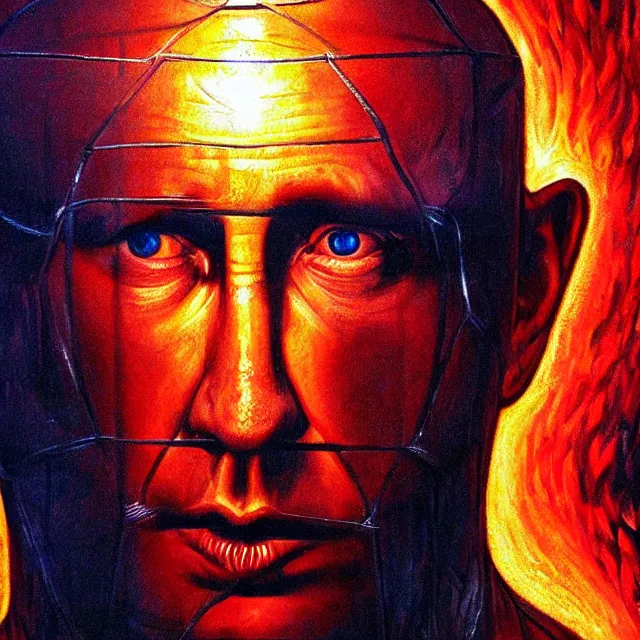 Prompt: shocked face of putin in cage, hyper - realistic, sharp focus, depth of field, hyper - detailed visionary art, symmetric, hell, holy halo, dramatic ambient lighting, high detail, vibrant colors, the thing 1 9 8 2