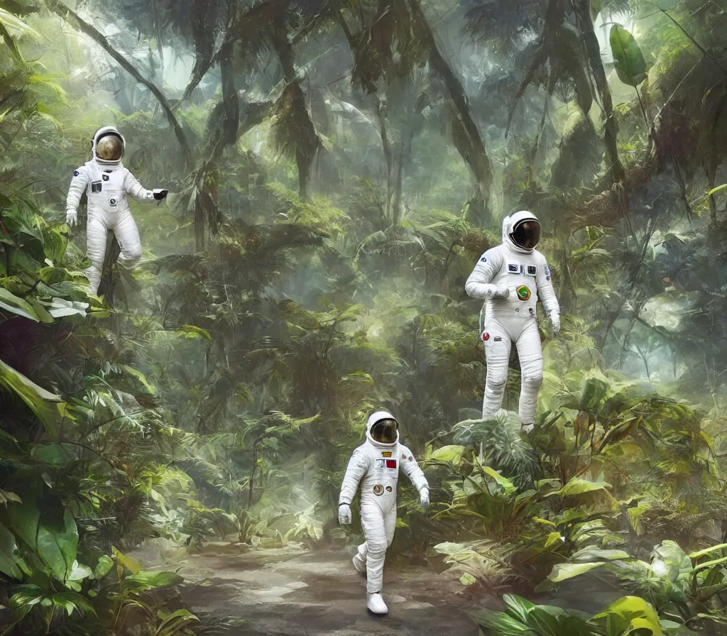 Image similar to modern scifi astronaut dressed in white suit is walking on the ground of a colorful tropical forest, dinosaurs in forest, style by blizzard concept artists