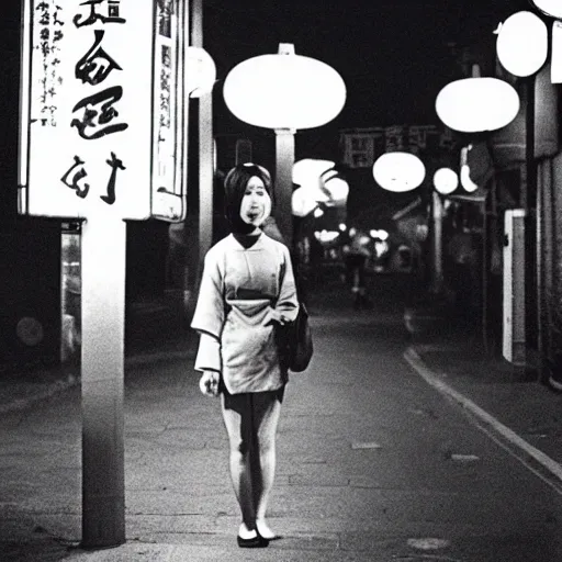Prompt: a Japanese woman on a street at night, 1966, 35mm photography, red neon lights