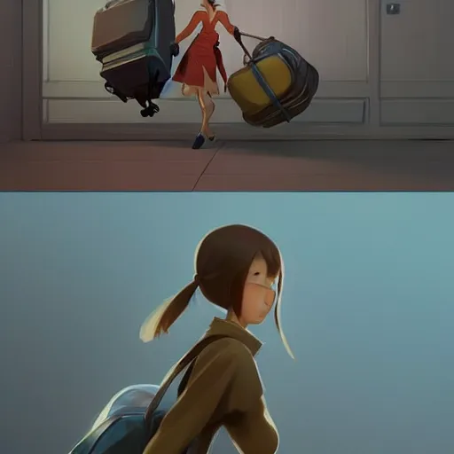 Image similar to goro fujita ilustration heerful girl taking the suitcases out of her house, characterized by masamune shirow, by greg rutkowski., character art, sharp focus, highly detailed, artstation