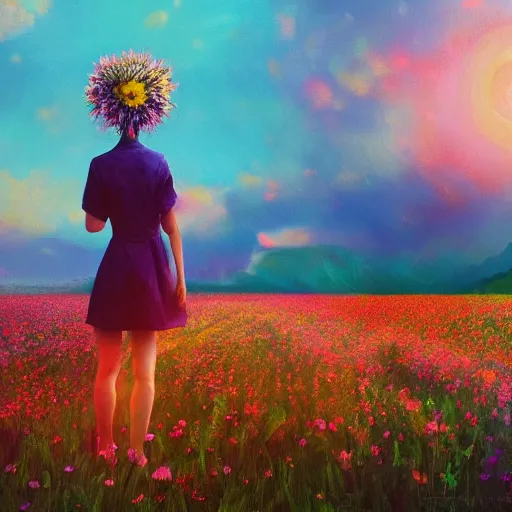 Image similar to girl with a blooming flower head, surreal photography, dream, standing in flower field, magical, in a valley, sunrise dramatic light, impressionist painting, colorful clouds, artstation, simon stalenhag, flower face