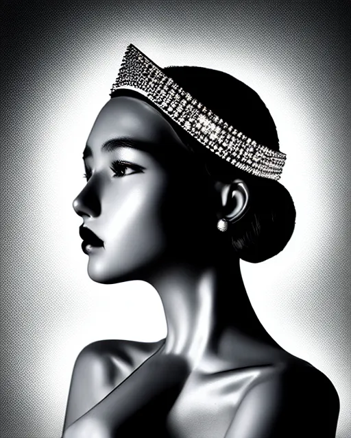 Prompt: black and white dreamy young beautiful female artificial intelligence with a techno crown, cinematic, rim light, bokeh, photo - realistic, elegant, high detail, 8 k, masterpiece, photo taken in 1 9 3 0