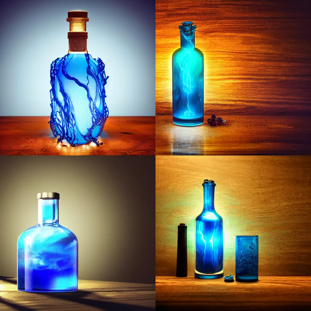 Prompt: spirit potion containing swirling glowing blue liquid, beautiful intricate glass bottle, on a wooden table, dramatic moody lighting, fantasy, CGI, octane render, 8k
