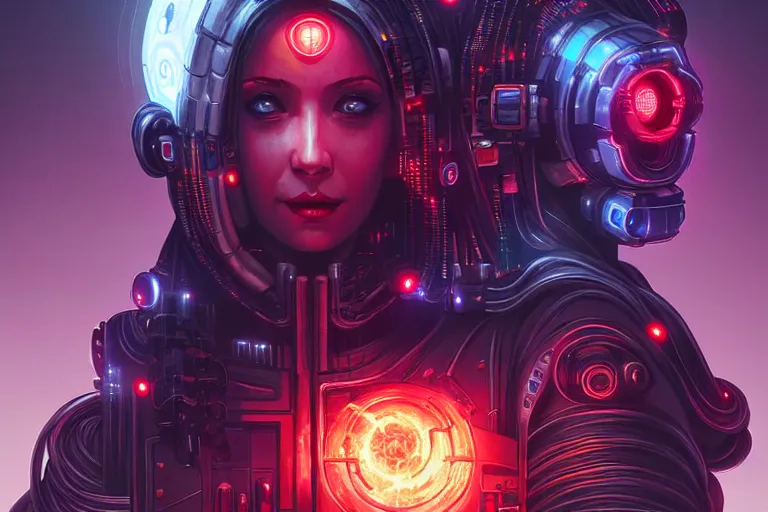 Prompt: mother ai, hearth of the machine in cyberpunk style, energy core, cybernetic shrine, robot religion, realistic shaded lighting, magali villeneuve, artgerm, rutkowski