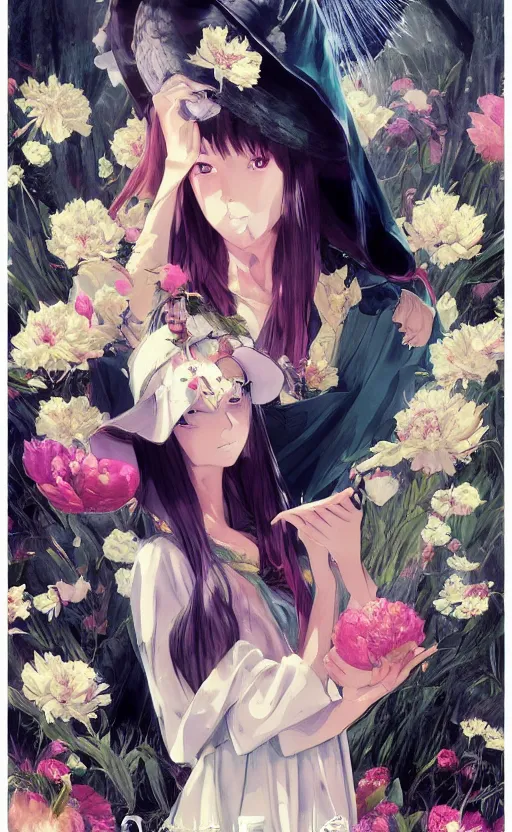 Prompt: bestselling movie poster, official media,a cinematic beautiful closeup moment of saying goodbye wearing boho poncho and sunhat with peonies, simple form, brutal shapes, shaman, pixiv, 1970s fashion, official anime media, cinematic lighting, artstation consept artwork by doja cat, charlie bowater, waterhouse, ,greg rutkowski, wong kar wai