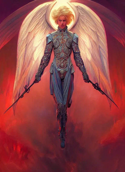 Image similar to the pale blond male angel of battle apollo smirking, sci fi, glowing eyes, volumetric lights, red and cyan theme, art nouveau botanicals, intricate, highly detailed, digital painting, artstation, concept art, smooth, sharp focus, cinematic, illustration, beautiful face, art by artgerm and greg rutkowski and alphonse mucha