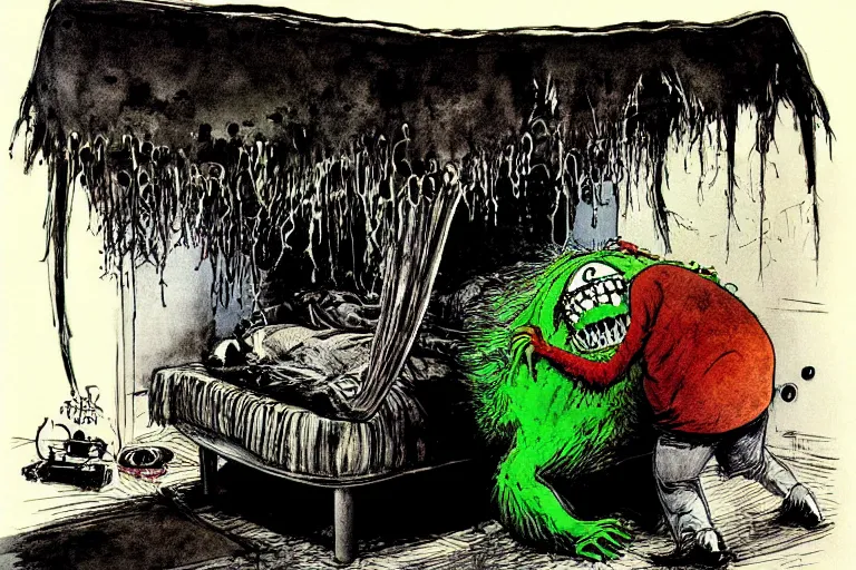 Prompt: monster hiding underneath my bed by ralph steadman