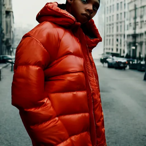 Image similar to realistic photoshooting for a new balenciaga lookbook color film photography portrait of a beautiful woman model, model wears a puffer jacket, photo in style of tyler mitchell, wes anderson, ssense