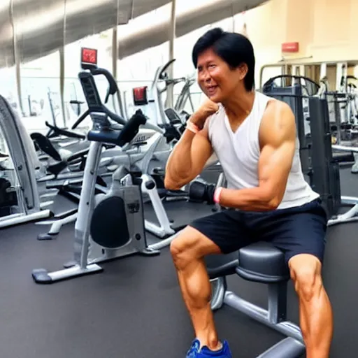 Image similar to A very muscular BongBong Marcos flexing in the gym