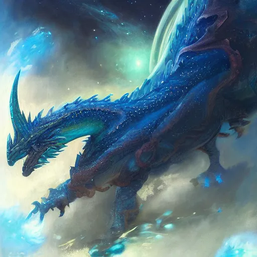 Prompt: prompt crystalline blue, European dragon, devouring a planet, space, sun system, nebula, oil painting, by Fernanda Suarez and and Edgar Maxence and greg rutkowski