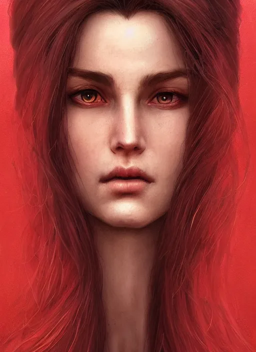 Image similar to vertical portrait of a ruggedly handsome female cleric, soft hair, close - up face, leather, witchy, d & d, fantasy, intricate, elegant, highly detailed, digital painting, artstation, concept art, smooth, sharp focus, illustration, art by artgerm and greg rutkowski and alphonse mucha, plain red background