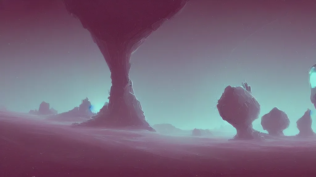 Image similar to three aliens in the style of Christopher Balaskas, landscape environment