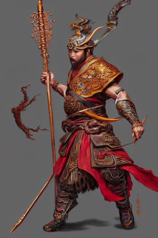 Image similar to charming nezha, highly detailed, man holding spear, flame everywhere, epic pose, masterpiece chinese fantasy character portrait, highly detailed, digital painting, trending on artstation, concept art, sharp focus, illustration, global illumination, ray tracing, realistic shaded, art by artgerm and greg rutkowski and fuji choko and viktoria gavrilenko and hoang lap