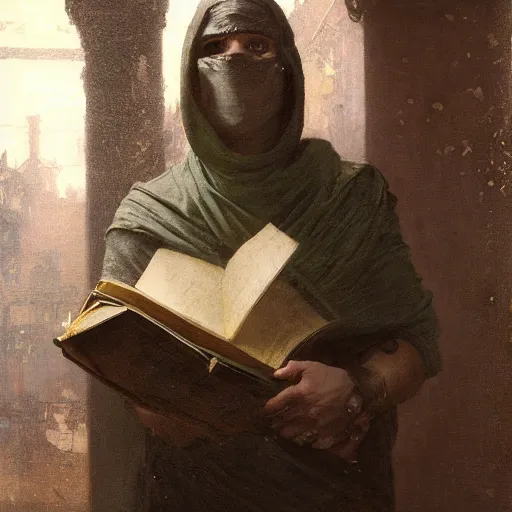 Image similar to full face portait of magican wearing a closed cowl and big old book! chained to the wrist, jeremy mann, jean - leon gerome, tiepolo, alphonse mucha, greg rutkowski, face in the shadows, ( ( ruins of ancient rome ) ), at dusk, mysterious atmosphere, sunrays, dof, high detailed, 8 k