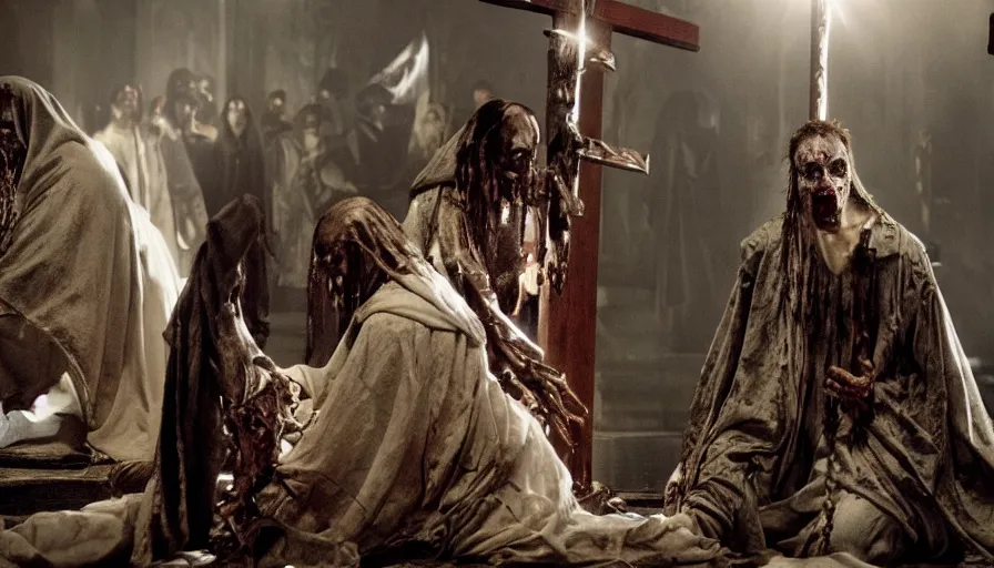 Image similar to Movie by Ridley Scott about a lavishly dressed necromancer priest kneeling before a crucified cyborg zombie