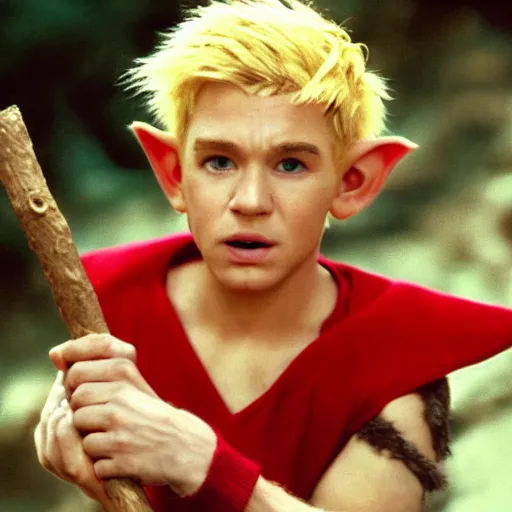 Image similar to a fantasy elf with spiky blonde hair wearing tan overalls and holding a stick of dynamite, high resolution film still, movie by Peter jackson