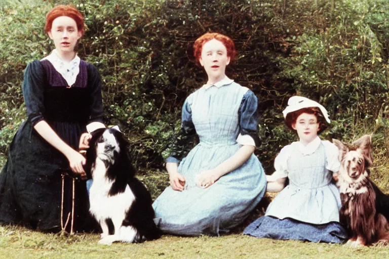 Image similar to autochrome photograph, family photo, anne of the green gables with her elder step parents, and a border collie sitted aside.