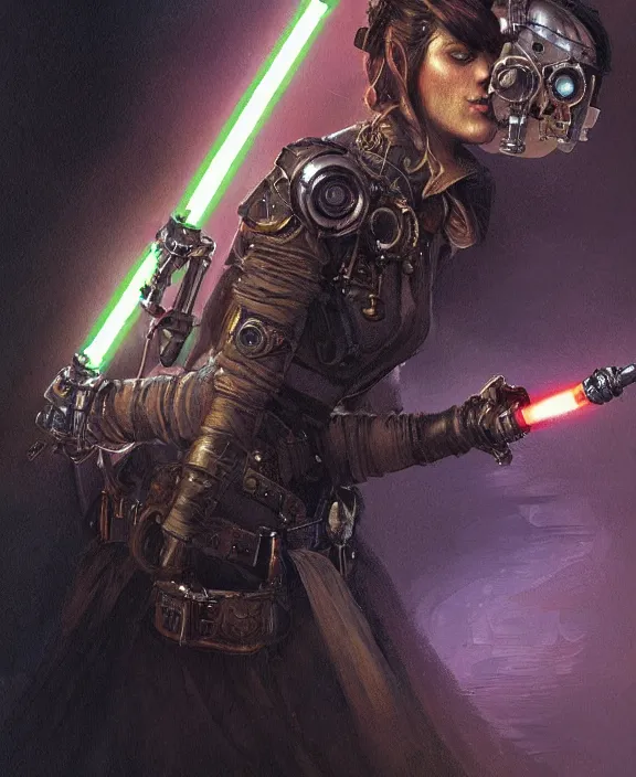 Image similar to a steampunk dieselpunk lightsaber, close up, fantasy, intricate, elegant, highly detailed, colorful, vivid color, digital painting, artstation, concept art, art by greg rutkowski