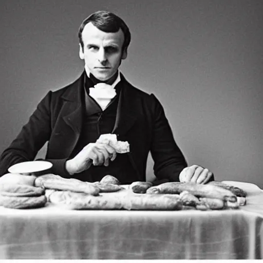 Image similar to emmanuel macron as a president of france eating a french baguette, 1 8 5 0 s style