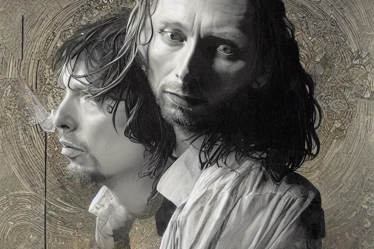 Image similar to hyper realistic portrait of ( ( ( thom yorke ) ) ) singer songwriter, side, liminal space, by lee bermejo, alphonse mucha and greg rutkowski