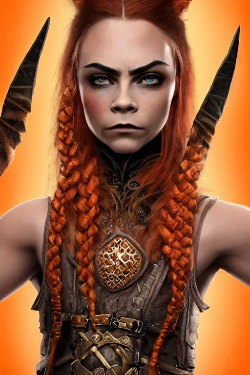 Prompt: fantasy character photo. female dwarf. short, squat, extremely muscular. broad face resembles cara delevingne but more squat. wide face, androgynous but pretty. elaborately braided orangepink hair. masculine sideburns downy cheeks. thick bushy groomed orange eyebrows, multiple piercings. tan leather vest, bare extremely muscular shoulders. kohl on eyes gloss on lips
