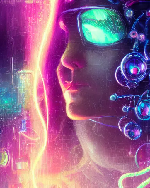 Image similar to a cyberpunk close up portrait of cyborg medusa, electricity, rainbow, snakes in hair, sparks, bokeh, soft focus, sparkling, glisten, water drops, cold, dark, geometric, temples behind her, by paul lehr, jesper ejsing