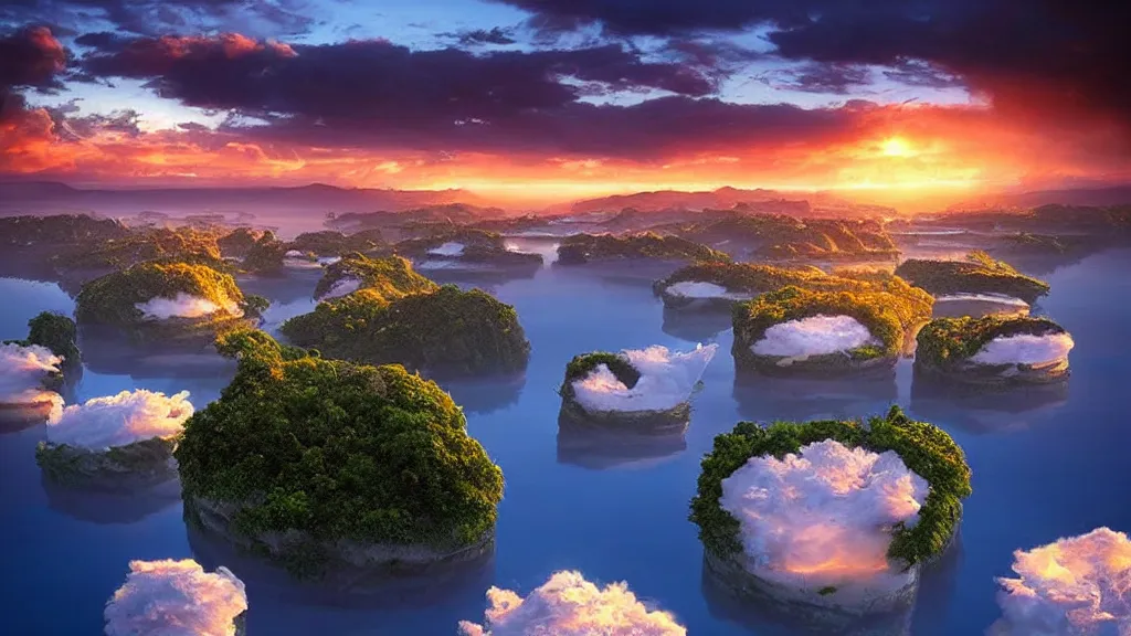 Image similar to amazing photo of floating islands in sunset by marc adamus, beautiful dramatic lighting