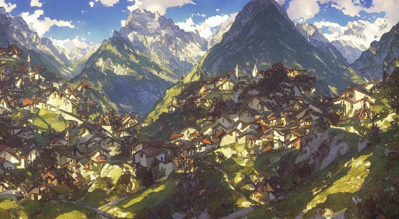 Image similar to A beautiful landscape painting of a small swiss mountain village by Alfons Maria Mucha and Julie Dillon and Makoto Shinkai