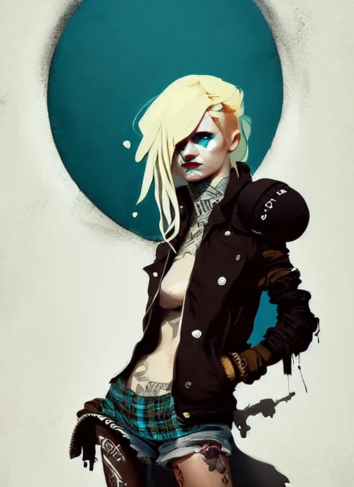 Image similar to highly detailed closeup portrait of a sewer punk lady thief student, tartan vestments, blonde hair by atey ghailan, by greg rutkowski, by greg tocchini, by james gilleard, by joe fenton, by kaethe butcher, gradient, blue, black, brown and cream color scheme, grunge aesthetic!!! white graffiti tag wall background