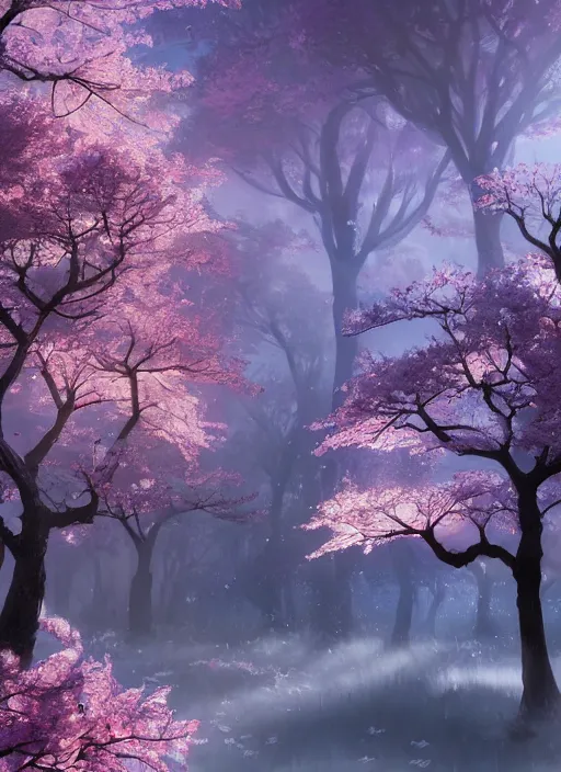 Image similar to sakura trees magical forest, fluent composition, concept art, ambient light, 4 k, intricate details, highly professionally detailed, cgsociety, highly detailed -