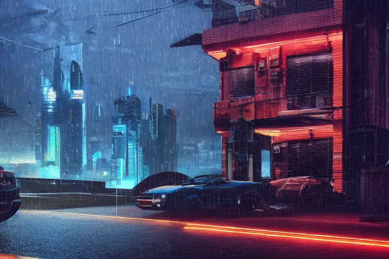 Image similar to cyberpunk, an estate agent listing photo, external view of a detached city house in the UK, cityscape, it's night time, raining, old car, by Paul Lehr, highly detailed, photorealistic, unreal engine, 8k, anamorphic, cinestill cinematrography