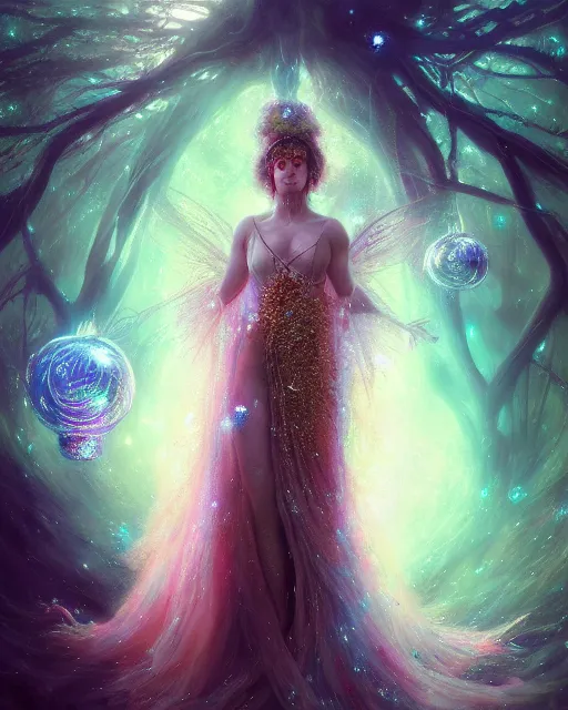 Image similar to Full View Portrait Mystical ethereal discoball deity wearing beautiful dress, disco ball Dryad beautiful dress, 4k digital masterpiece by Greg Rutkowski and Ruan Jia and rossdraws, Alberto Seveso, fantasycore, Hyperdetailed, realistic oil on linen, soft lighting, Iconography background, featured on Artstation