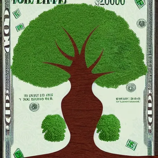 Prompt: A tree with money bills instead of leafs. hyperrealistic