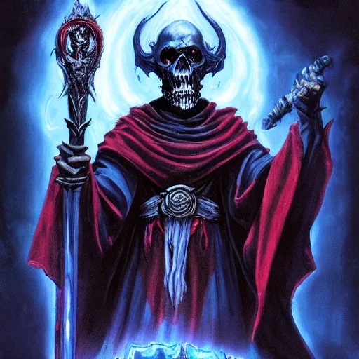 Prompt: undead lich, vecna (d&d) dressed in dark blue robes, fantasy, epic, holding a sacrificial dagger, red ruby in left eye socket, portrait painted by raymond swanland