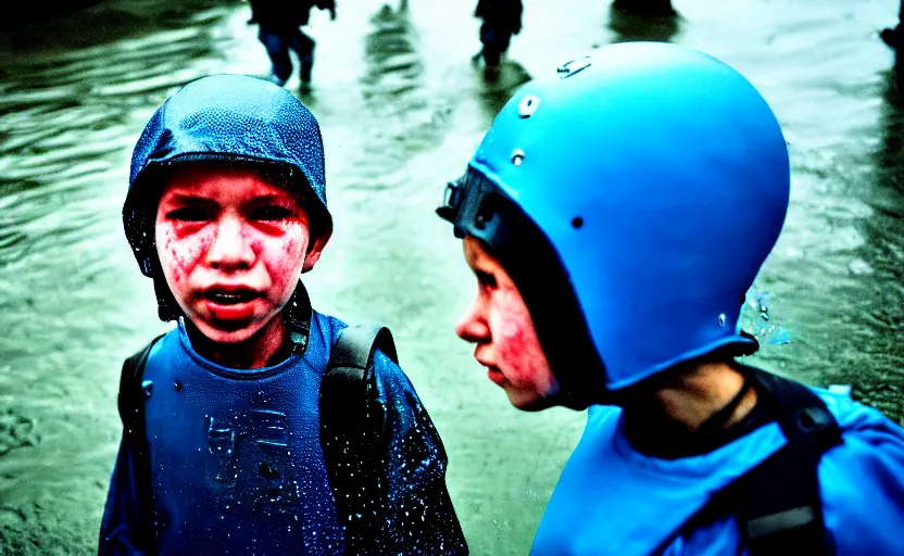 Image similar to cinestill 5 0 d candid photographic portrait by helen levitt of two cyborg kids wearing rugged neon blue mesh techwear in treacherous waters, extreme closeup, modern cyberpunk moody depressing cinematic, pouring rain, dystopian atmosphere, 8 k, hd, high resolution, 3 5 mm, f / 3 2, ultra realistic faces, ex machina