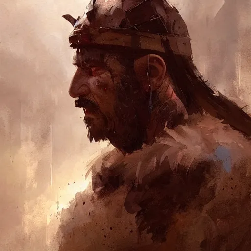 Image similar to Portrait painting of a barbarian warrior by greg rutkowski and Craig Mullins, Dark atmospheric and cinematic lighting