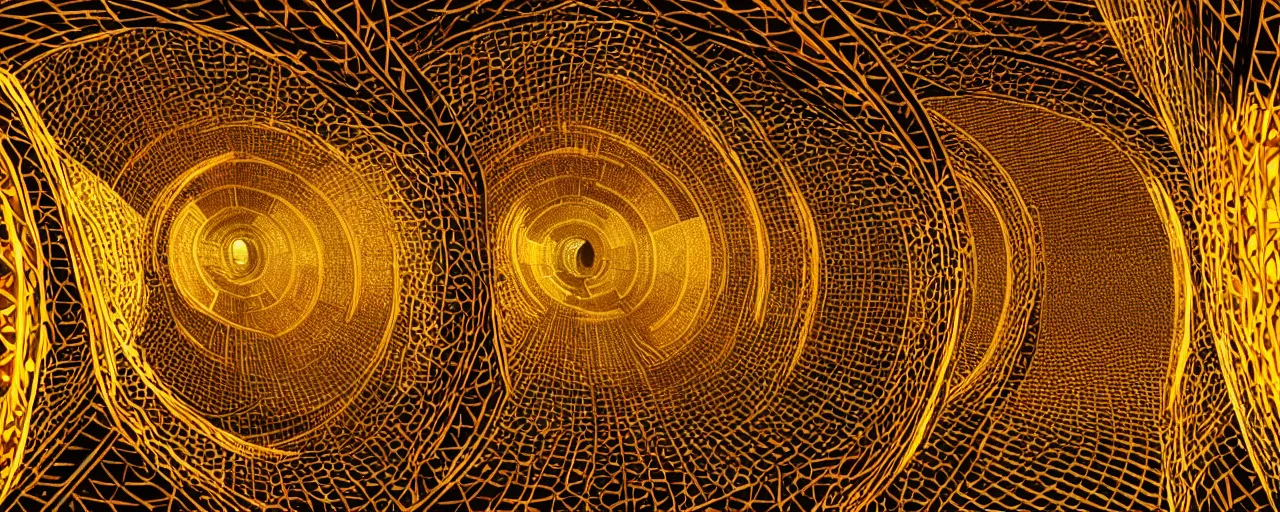 Image similar to vivid illustration of a person choosing between tunnels with groups of people inside, within a highly intricate torus with detailed golden ornamentation and golden light, choosing between pathways